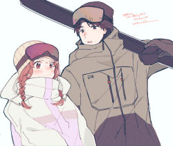 Rule 34 | 1boy, 1girl, beanie, black mittens, blush, braid, brown hair, carrying over shoulder, closed mouth, drawstring, egashira mika, frown, goggles, goggles on head, hair over shoulder, hand up, hat, height difference, high collar, holding snowboard, jacket, long hair, long sleeves, looking ahead, looking at another, looking to the side, mittens, mukai tsukasa, pechevail, red eyes, red hair, side-by-side, simple background, ski goggles, skip to loafer, snowboard, twin braids, twintails, upper body, white background, white jacket, winter clothes