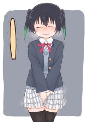 Rule 34 | 1girl, between legs, black hair, black jacket, black thighhighs, blush, border, breath, buttons, clenched teeth, closed eyes, collared shirt, cowboy shot, embarrassed, facing viewer, female focus, flat chest, gradient hair, green hair, grey background, grey sweater, hand between legs, have to pee, highres, jacket, long sleeves, love live!, love live! nijigasaki high school idol club, miniskirt, multicolored hair, neck ribbon, nose blush, open clothes, open jacket, outside border, own hands together, plaid, plaid skirt, pleated skirt, pocket, ponnu (tnpn2yw), red ribbon, ribbon, school uniform, shirt, short hair, sidelocks, simple background, skirt, solo, standing, straight-on, sweater, takasaki yu, teeth, thighhighs, trembling, twintails, two-tone hair, urine meter, v arms, white border, white shirt, white skirt, zettai ryouiki