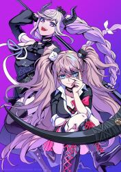 Rule 34 | 2girls, :d, arm up, bear hair ornament, black dress, black footwear, black horns, black shirt, black thighhighs, boots, bow, braid, breasts, cleavage, crown, danganronpa: trigger happy havoc, danganronpa (series), dress, enoshima junko, fingerless gloves, gloves, hair ornament, high heel boots, high heels, highres, holding, holding scythe, horns, knee boots, kusatakesi, long hair, long sleeves, looking at viewer, master detective archives: rain code, medium breasts, multicolored hair, multiple girls, neck ribbon, open mouth, pink bow, pink hair, purple eyes, ribbon, scythe, shinigami (rain code), shirt, smile, teeth, thighhighs, twin braids, twintails, upper teeth only, watermark, web address, white ribbon