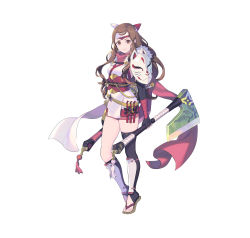 Rule 34 | 1girl, absurdres, armor, asymmetrical legwear, axe, battle axe, breasts, brown eyes, brown hair, closed mouth, commentary request, detached sleeves, dual wielding, elbow gloves, enkyo yuuichirou, fingerless gloves, fire emblem, fire emblem fates, fire emblem heroes, fox mask, full body, fur trim, gloves, hana (fire emblem), hana (ninja) (fire emblem), headband, highres, holding, holding weapon, japanese clothes, lips, long hair, looking at viewer, mask, medium breasts, ninja, nintendo, official alternate costume, official art, reverse grip, sandals, shin guards, shoulder armor, shuriken, smile, solo, standing, sword, thighs, toeless legwear, toes, uneven legwear, weapon, white background