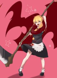 Rule 34 | 1girl, absurdres, apron, arm up, black footwear, black skirt, black vest, blonde hair, blood, blood from mouth, blood on clothes, blood on face, bloody weapon, blue eyes, bow, braid, commentary request, cookie (touhou), dare who zzzz, fangs, frilled apron, frills, full body, hair between eyes, hair bow, highres, holding, holding scythe, kirisame marisa, long hair, looking at viewer, mary janes, open mouth, pink background, red bow, red scarf, scarf, scythe, shirt, shoes, side braid, single braid, skirt, slit pupils, socks, solo, star (symbol), suzu (cookie), tongue, tongue out, touhou, unusually open eyes, vest, waist apron, weapon, white apron, white shirt, white socks