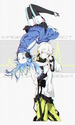 Rule 34 | 16 ban, 1boy, 1girl, black thighhighs, blue eyes, blue hair, copyright name, detached collar, ene (kagerou project), hair between eyes, headphones, kagerou project, knees together feet apart, konoha (kagerou project), long hair, miniskirt, red eyes, skirt, suspenders hanging, thighhighs, twintails, vocaloid, white hair, yamaha