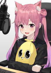 Rule 34 | 1girl, absurdres, animal ear fluff, animal ears, bad id, bad pixiv id, black shirt, blush, cat ears, character request, copyright request, double bun, fang, hair behind ear, hair bun, highres, hwanhee, long sleeves, looking at viewer, microphone, hugging object, open mouth, pink eyes, pink hair, pop filter, shirt, skin fang, smile, solo, stuffed toy, twintails