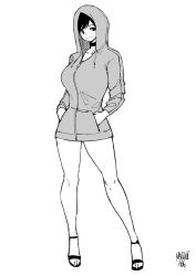 Rule 34 | 1girl, absurdres, artist name, bare legs, breasts, choker, closed mouth, collarbone, contrapposto, full body, greyscale, hands in pockets, highres, hood, hood up, hoodie, large breasts, looking at viewer, monochrome, naked hoodie, no pants, norman maggot, olive laurentia, original, pixie cut, sandals, short hair, simple background, solo, thighs, white background