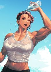 Rule 34 | 1girl, abs, bottle, breasts, brown eyes, highres, holding, holding bottle, midriff, mikel (4hands), muscular, muscular female, one eye closed, open mouth, original, pouring, pouring onto self, red hair, shirt, short hair, sleeveless, sleeveless shirt, sunlight, very short hair, water bottle, wet, wet clothes, wet shirt, white shirt