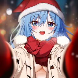 Rule 34 | 1girl, blue eyes, blue hair, blush, breasts, coat, elie wayne, fur-trimmed coat, fur-trimmed headwear, fur trim, hat, jan azure, large breasts, long hair, long sleeves, looking at viewer, meme, naked coat, open clothes, open coat, open mouth, pov cheek warming (meme), red headwear, red scarf, santa hat, scarf, smile, upper body, white coat, winter clothes, winter coat, winter gloves