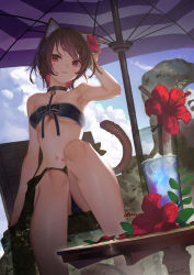 Rule 34 | 1girl, animal ears, arm up, armpits, bandeau, bare arms, bare legs, bare shoulders, bell, bikini, black bikini, black bow, black choker, bow, breasts, brown hair, choker, closed mouth, cloud, colored inner hair, commentary request, cup, day, drinking straw, facial tattoo, flower, hair flower, hair ornament, heart, heart tattoo, hibiscus, highres, jingle bell, looking at viewer, medium breasts, multicolored hair, navel, neck bell, on chair, original, outdoors, red eyes, red flower, red hair, saraki, sarong, short hair, signature, sitting, sky, solo, stomach, stomach tattoo, swimsuit, table, tail, tail raised, tattoo, underboob