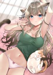 Rule 34 | 1girl, absurdres, akino ell, animal, animal ears, arm strap, arm up, armpits, blush, breasts, brown hair, camisole, cat, cat ears, cat girl, cat tail, cleavage, collarbone, crop top, green shirt, groin, hair ornament, hairclip, hand up, highres, huge filesize, large breasts, long hair, looking at viewer, lying, nail polish, navel, no pants, on back, original, panties, scan, shirt, sleeveless, sleeveless shirt, solo, spaghetti strap, stomach, strap slip, tail, thighs, underwear, underwear only, white panties