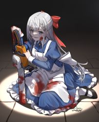 Rule 34 | 1girl, 2022, adapted costume, apron, artist name, as4gi, black footwear, blood, blood on clothes, blood on face, blood on hands, bloody weapon, blue dress, blue eyes, blunt bangs, borrowed design, bow, braid, brooch, chainsaw, collar, collared dress, commentary, dark background, dress, english commentary, false smile, frilled dress, frills, gem, hair bow, hair ornament, highres, holding, holding chainsaw, hololive, hololive indonesia, jewelry, juliet sleeves, long dress, long hair, long sleeves, looking to the side, on floor, power tool, puffy sleeves, red bow, signature, single braid, sitting, sleeve cuffs, smile, socks, solo, spotlight, vestia zeta, virtual youtuber, wariza, weapon, white apron, white collar, white hair, white socks