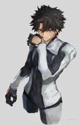 Rule 34 | 1boy, black hair, bodysuit, command spell, cropped torso, fate/grand order, fate (series), fujimaru ritsuka (male), fujimaru ritsuka (male) (chaldea combat uniform), gloves, grey background, highres, kouzuki kei, male focus, official alternate costume, serious, short hair, simple background, solo, wiping face