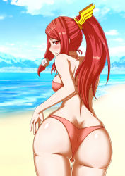 Rule 34 | 1girl, artist request, ass, back, bare shoulders, bikini, blazblue, blue sky, blush, bra, breasts, butt crack, embarrassed, from behind, hair ornament, hair tubes, highres, huge ass, izayoi (blazblue), long hair, looking at viewer, looking back, medium breasts, ocean, open mouth, panties, parted lips, ponytail, red eyes, red hair, shiny skin, sideboob, sky, solo, swimsuit, tsubaki yayoi, underwear