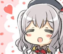 Rule 34 | 10s, 1girl, = =, beret, blush, commentary request, engiyoshi, epaulettes, closed eyes, grey hair, hat, heart, jacket, kantai collection, kashima (kancolle), kerchief, long hair, military, military uniform, open mouth, solo, twintails, uniform, upper body, wavy hair