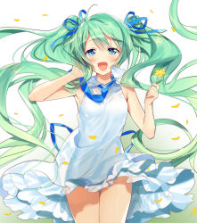 Rule 34 | 1girl, :d, alternate costume, blue eyes, blue necktie, blue ribbon, blush, dress, flower, gradient background, green background, green hair, hair ribbon, hatsune miku, highres, holding, holding flower, long hair, looking at viewer, murakami yuichi, necktie, open mouth, petals, ribbon, sleeveless, sleeveless dress, smile, solo, twintails, very long hair, vocaloid, white background, white dress