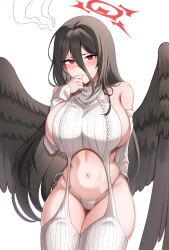 Rule 34 | 1girl, absurdres, alternate costume, angel wings, arm behind back, black hair, black wings, blue archive, blush, breasts, clothing cutout, clothing request, commentary request, cowboy shot, detached sleeves, feathered wings, hair between eyes, halo, hand to own mouth, hand up, hasumi (blue archive), highres, kisa (leg3043), korean commentary, large breasts, large wings, long bangs, long hair, long sleeves, looking at viewer, meme attire, navel, navel cutout, no bra, red eyes, red hair, ribbed sweater, sideboob, simple background, solo, stomach, sweat, sweater, thighhighs, turtleneck, virgin destroyer sweater, virgin killer sweater, white background, white sweater, wings