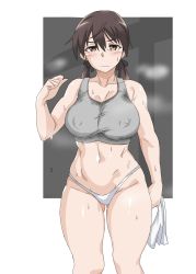 Rule 34 | 1girl, absurdres, blush, breasts, brown eyes, brown hair, covered erect nipples, gertrud barkhorn, highres, large breasts, long hair, looking at viewer, navel, panties, shiny skin, skindentation, solo, standing, strike witches, sweat, tank top, tavor (m tavor), twintails, underwear, white panties, world witches series