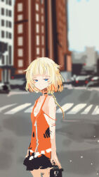 Rule 34 | 1girl, absurdres, arms at sides, bare shoulders, black choker, black dress, blonde hair, blue eyes, blurry, blurry background, blush stickers, braid, braided ponytail, breasts, building, car, cevio, choker, city, closed mouth, commentary, cowboy shot, crosswalk, day, dress, hair flaps, half-closed eyes, highres, holding, jitome, kabuyama kaigi, long hair, looking at viewer, motor vehicle, multicolored hair, object request, one (cevio), orange dress, orange hair, outdoors, road, shirt, sleeveless, sleeveless dress, small breasts, solo, spaghetti strap, standing, strapless, strapless shirt, streaked hair, street, two-tone dress, undershirt, urban, white shirt