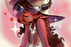 Rule 34 | 1girl, bare arms, bare shoulders, black eyes, breasts, brown hat, cleavage, collarbone, colored skin, comic cover, commentary, cover image, cropped, curly hair, demon girl, demon horns, earrings, english commentary, half-closed eyes, hand up, hat, head rest, heart, highres, horns, jewelry, long hair, long pointy ears, looking to the side, medium breasts, mirka andolfo, necklace, official art, paprika (sweet paprika), pointy ears, pointy nose, red hair, red lips, red skin, sagging breasts, seductive smile, sharp teeth, signature, smile, smirk, solo, sparkle, sun hat, sunglasses, sweet paprika (series), tank top, teeth, upper body, white tank top