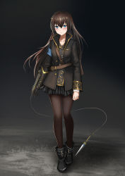 Rule 34 | 10s, 1girl, ankle boots, armband, arms at sides, bad id, bad pixiv id, belt, belt buckle, black background, black coat, black footwear, black pantyhose, black skirt, blue eyes, blush, boots, brown hair, buckle, closed mouth, coat, collarbone, full body, gradient background, hair between eyes, hair ornament, kagura hikari, long hair, long sleeves, looking at viewer, miniskirt, motion blur, open clothes, open coat, pantyhose, shoujo kageki revue starlight, skirt, solo, standing, straight hair, very long hair, weapon, yurichtofen