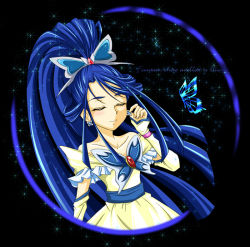 Rule 34 | 00s, 1girl, bare shoulders, black background, blue hair, brooch, butterfly, butterfly hair ornament, cure aqua, earrings, closed eyes, frills, hair ornament, jewelry, long hair, magical girl, maryu, minazuki karen, ponytail, precure, solo, sparkle, wide ponytail, yes! precure 5