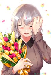 Rule 34 | 1girl, bad id, bad pixiv id, blush, bouquet, closed eyes, commentary, confetti, crying, dress shirt, facing viewer, flower, girls und panzer, grey shirt, hand on own face, happy, highres, holding, holding bouquet, itsumi erika, kuromorimine school uniform, long hair, long sleeves, one-hour drawing challenge, open mouth, school uniform, shirt, silver hair, smile, solo, takefu jiin, tears, twitter username, upper body