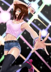 Rule 34 | 1girl, :d, absurdres, arm up, bare shoulders, belt, blush, bracelet, breasts, brown hair, casual, cleavage, dancing, denim, denim shorts, high heels, highres, jewelry, large breasts, mazaki anzu, midriff, muto dt, navel, open mouth, pink tank top, short hair, short shorts, shorts, sleeveless, smile, solo, stomach, sweatdrop, tank top, thighhighs, yu-gi-oh!