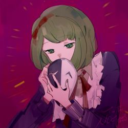 Rule 34 | 1girl, bow, bowtie, child, collared dress, danganronpa (series), danganronpa another episode: ultra despair girls, dress, fingernails, green eyes, green hair, hair bow, hair ribbon, hands up, holding, holding mask, long sleeves, looking down, mask, multicolored background, neck ribbon, nose, palms, pink background, purple dress, red bow, red ribbon, ribbon, simple background, towa monaca, unworn mask, upper mody