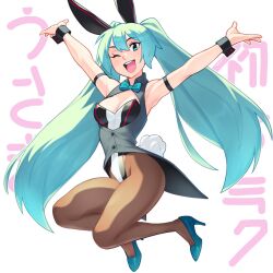 Rule 34 | 1girl, ;d, alternate costume, animal ears, armlet, armpits, arms up, bare shoulders, bow, bowtie, breasts, brown leotard, cleavage, fake animal ears, fake tail, green bow, green bowtie, green hair, hatsune miku, high heels, highres, jumping, leotard, long hair, medium breasts, one eye closed, open mouth, rabbit ears, rabbit tail, rob ishi, shoes, smile, solo, tail, teeth, twintails, upper teeth only, vocaloid, wrist cuffs