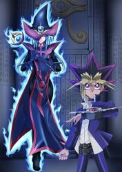 1boy 1girl aura black_choker black_dress blonde_hair blue_jacket blue_pants choker dress duel_monster floating hat hieroglyphics highres holding holding_staff jacket looking_at_viewer multicolored_hair muto_yugi one_eye_covered pants purple_eyes shirt silent_magician smile staff two-tone_hat white_shirt wizard_hat yg210321 yu-gi-oh! yu-gi-oh!_duel_monsters