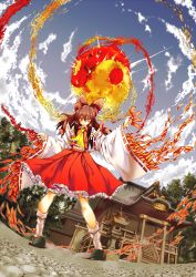 Rule 34 | 1girl, architecture, arms at sides, ascot, between fingers, blouse, blue sky, bow, brown hair, cloud, day, detached sleeves, east asian architecture, female focus, hair bow, hair tubes, hakurei reimu, hakurei shrine, highres, holding, long hair, long sleeves, looking at viewer, midriff, nib pen (medium), open mouth, red eyes, red shirt, shigurio, shirt, skirt, skirt set, sky, sleeveless, sleeveless shirt, socks, solo, spell card, touhou, traditional media, tree, white socks, wide sleeves, yin yang