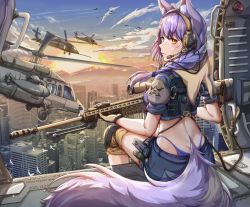 Rule 34 | 1girl, absurdres, aircraft, airplane, animal ears, arknights, blush, braid, butt crack, city, cloud, commentary request, crop top, from behind, gun, headphones, headset, helicopter, highleg, highleg panties, highres, holding, holding gun, holding weapon, knee pads, long hair, looking at viewer, looking back, midriff, outdoors, panties, provence (arknights), puffy short sleeves, puffy sleeves, purple hair, purple panties, qiyedefeishazhanji, rifle, short sleeves, single braid, sitting, sniper rifle, solo, sunrise, tail, thighs, underwear, weapon, wolf ears, wolf tail, yellow eyes