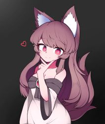 Rule 34 | 1girl, absurdres, animal ears, black background, breasts, brown hair, cleavage, closed mouth, dress, hand on own chin, heart, hh, highres, imaizumi kagerou, long hair, long sleeves, looking at viewer, off-shoulder dress, off shoulder, red eyes, simple background, smile, tail, touhou, upper body, white dress, wide sleeves, wolf ears, wolf tail