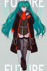 Rule 34 | 1girl, aqua hair, black footwear, cogecha, english text, full body, hair between eyes, hand up, hatsune miku, highres, jacket, jewelry, long hair, long jacket, long sleeves, looking at viewer, necklace, open mouth, peace symbol, shoes, smile, solo, standing, thighhighs, twintails, very long hair, vocaloid, walking, white eyes