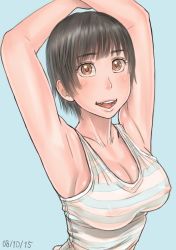 Rule 34 | 1girl, armpits, ayumu (zenkou), black hair, blue background, blush, breasts, brown eyes, cleavage, covered erect nipples, dated, looking at viewer, open mouth, original, see-through, short hair, simple background, smile, solo, striped, tank top, taut clothes, zenkou