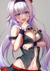 Rule 34 | .live, 1girl, absurdres, biro-budou, blush, breasts, carro pino, cleavage, commentary request, grey background, groin, headband, highres, long hair, looking at viewer, medium breasts, navel, necktie, open clothes, open mouth, open shirt, purple hair, simple background, sleeveless, solo, virtual youtuber