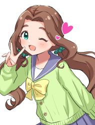 Rule 34 | 1girl, ;d, blue skirt, bow, bowtie, green scrunchie, green sweater, hair ornament, hair scrunchie, heart, highres, idolmaster, idolmaster cinderella girls, kahiika, kusakabe wakaba, leaning forward, long hair, long sleeves, low twintails, one eye closed, open mouth, scrunchie, simple background, skirt, smile, sweater, twintails, v, white background, yellow bow, yellow bowtie