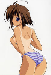 Rule 34 | 1girl, absurdres, ahoge, ass, bikini, blue eyes, breasts, brown hair, covering breasts, covering privates, from behind, highres, looking back, one-piece tan, scan, simple background, solo, striped bikini, striped clothes, suzuhira hiro, swimsuit, tan, tanline, tears, thighhighs, topless, white background