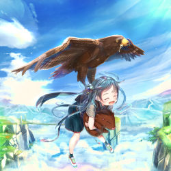 Rule 34 | 1girl, :d, above clouds, aiuabo, backpack, bag, bird, blue hair, boar, bridge, carrying, child, cliff, closed eyes, cloud, day, flying, hair ornament, hawk, landscape, mountain, open mouth, original, pig, saliva, shirt, short sleeves, skirt, sky, smile, twintails