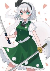Rule 34 | 1girl, black hairband, cherry blossoms, closed mouth, collared shirt, commentary, ghost, green eyes, green skirt, green vest, grey hair, hairband, highres, holding, holding sword, holding weapon, konpaku youmu, konpaku youmu (ghost), looking at viewer, looking back, machimo, multiple swords, shirt, short hair, short sleeves, simple background, skirt, solo, sword, touhou, vest, weapon, white background, white shirt, youmu day