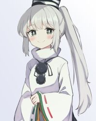 Rule 34 | 1girl, black hat, bright pupils, closed mouth, commentary, fuji norihiro, grey background, grey eyes, grey hair, hat, highres, japanese clothes, kariginu, long hair, long sleeves, looking at viewer, mononobe no futo, ponytail, ribbon-trimmed sleeves, ribbon trim, sidelocks, simple background, smile, solo, tate eboshi, touhou, upper body, white pupils, wide sleeves