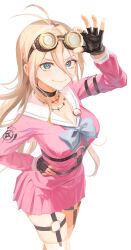 1girl absurdres antenna_hair blonde_hair breasts choker danganronpa_(series) danganronpa_v3:_killing_harmony fingerless_gloves gloves goggles goggles_on_head hair_between_eyes highres iruma_miu large_breasts long_hair long_sleeves o-ring pink_serafuku pink_shirt sanmian_(chidarakeno) school_uniform serafuku shirt skirt smile