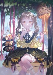 Rule 34 | 1girl, :p, beehive, black ribbon, bridal garter, brown hair, commentary request, crinoline, cup, dress, drill hair, gold nails, green skirt, haduki tohru, hand to own mouth, highres, holding, holding cup, honey, kneehighs, layered dress, looking at viewer, original, pink ribbon, ribbon, sitting, skirt, socks, solo, swing, tea, teacup, tongue, tongue out, tree, twin drills, twintails, white socks, yellow dress, yellow eyes