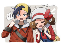 Rule 34 | !?, &gt; &lt;, 1boy, 1girl, 7h (0831 re), backwards hat, bag, black hair, blush, bow, brown hair, closed eyes, commentary request, creatures (company), ethan (pokemon), full-face blush, game freak, hand up, hands up, hat, hat bow, index finger raised, jacket, long hair, lyra (pokemon), nintendo, open mouth, overalls, pokemon, pokemon hgss, red bow, red jacket, red shirt, shirt, short hair, sweatdrop, tongue, twintails, white headwear, yellow bag, zipper pull tab