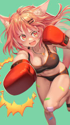 Rule 34 | 1girl, animal ears, artist name, bandage on knee, bandaid, bandaid on leg, bikini, black bikini, black footwear, boxing, boxing gloves, breasts, cleavage, fang, fox ears, fox tail, green background, hair ornament, hairclip, highres, jewelry, large breasts, leaning forward, leg up, long hair, looking at viewer, mitake eil, navel, necklace, open mouth, orange eyes, orange hair, original, punching, sandals, signature, simple background, skin fang, smile, solo, standing, standing on one leg, sweat, swimsuit, tail