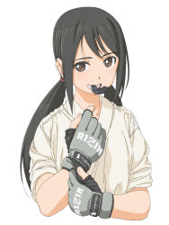 Rule 34 | 10s, 1girl, bad id, bad pixiv id, black hair, boko (maniacpurple), brown eyes, cygames, dougi, fingerless gloves, gloves, highres, idolmaster, idolmaster cinderella girls, karate gi, long hair, looking at viewer, mouth guard, mouth hold, nakano yuka, open mouth, simple background, sleeves rolled up, solo, twintails