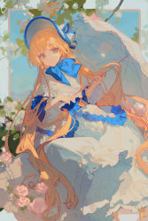 Rule 34 | blue bow, blue sky, bow, character request, ciloranko, closed mouth, commentary request, copyright request, dress, expressionless, flower, green eyes, hat, highres, holding, holding umbrella, lolita fashion, long dress, long hair, looking at viewer, orange hair, pastel colors, plant, sitting, sky, umbrella, very long hair, white dress