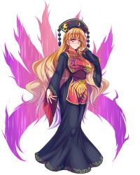 Rule 34 | 1girl, black dress, blonde hair, blush, breasts, chinese clothes, crescent, dress, full body, hat, heart, heart-shaped pupils, highres, junko (touhou), large breasts, long hair, long sleeves, multiple tails, red eyes, ribbon, sash, smile, solo, symbol-shaped pupils, tabard, tachi-e, tail, touhou, transparent background, very long hair, wide sleeves, zephid