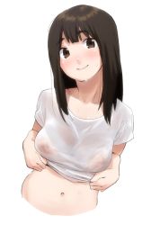 Rule 34 | 1girl, bad id, bad pixiv id, blush, breasts, brown eyes, brown hair, clothes lift, covered erect nipples, kamiyama aya, large breasts, looking at viewer, navel, nipples, original, plump, see-through, shirt, shirt lift, simple background, sketch, smile, solo, sweat, upper body, wet, wet clothes, wet shirt, white background