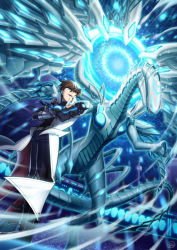 Rule 34 | 1boy, black shirt, blue eyes, boots, brown hair, claws, coat, commentary request, crossed arms, deep-eyes white dragon, dragon, duel disk, duel monster, energy, from below, hair between eyes, kaiba seto, koma yoichi, looking to the side, male focus, open mouth, pants, sharp teeth, shirt, smile, solo, stadium, teeth, white coat, yu-gi-oh!, yu-gi-oh! the dark side of dimensions