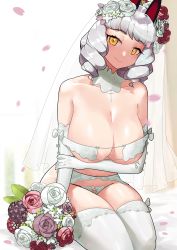 Rule 34 | 1girl, absurdres, bare shoulders, bouquet, breasts, bridal veil, carmilla (fate), cleavage, collarbone, curly hair, detached collar, elbow gloves, fate/grand order, fate (series), flower, frills, garter belt, gloves, hair flower, hair ornament, highres, large breasts, lingerie, looking at viewer, medium hair, monkey jon, sitting, solo, thighhighs, thighs, underwear, veil, white gloves, white hair, white thighhighs, yellow eyes