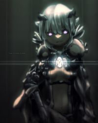 Rule 34 | 1girl, black bodysuit, bodysuit, breasts, cape, creature, creature on shoulder, dark-skinned female, dark skin, drill hair, glowing, glowing eyes, grey background, highres, horns, long hair, long sleeves, made in abyss, marudoll, navel, on shoulder, purple eyes, simple background, srajo, twin drills, upper body, whistle, whistle around neck, white hair